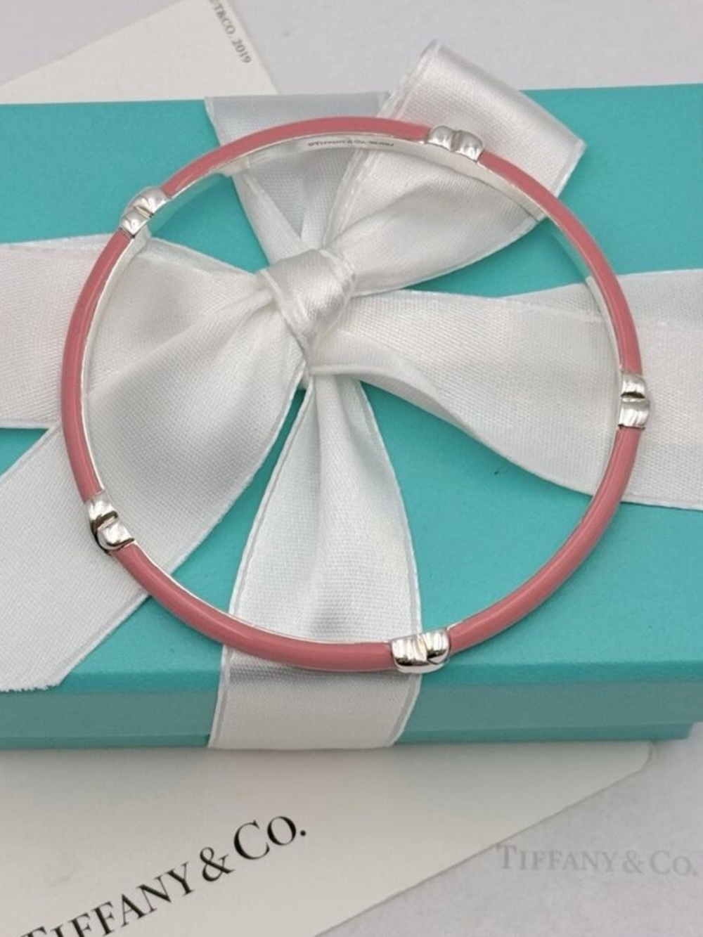 Tiffany & Co. Pink Enamel Signature X Bangle Bracelet Sterling Silver Gift Box - Picture 8 of 10